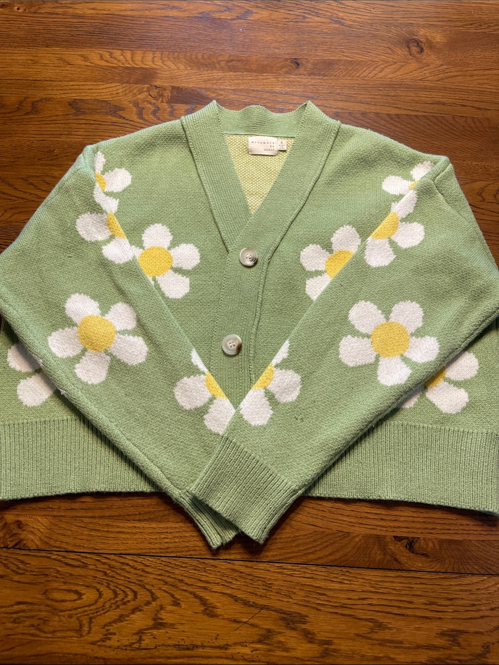 Green Daisy-Pattern V-Neck Button Cardigan Sweater